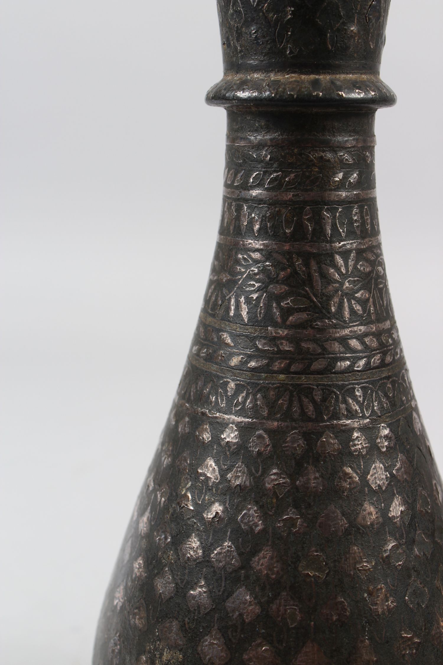 TWO EARLY 19TH CENTURY INDIAN BIDRI SILVER INLAID HUQQA BOTTLES, 20cm high. - Image 3 of 9