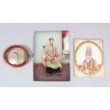 THREE INDIAN MINIATURES ON IVORY, CIRCA 1900, of a lady seated in a chair 14cm x 10cm, a Ruler