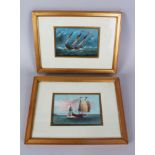 TWO FRAMED AND GLAZED GOUACHE PICTURES OF JUNKS, 10cm x 15cm.