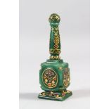 A SMALL 20TH CENTURY INDIAN JEWEL SET GOLD INLAID JADE PERFUME BOTTLE, 42cm high.