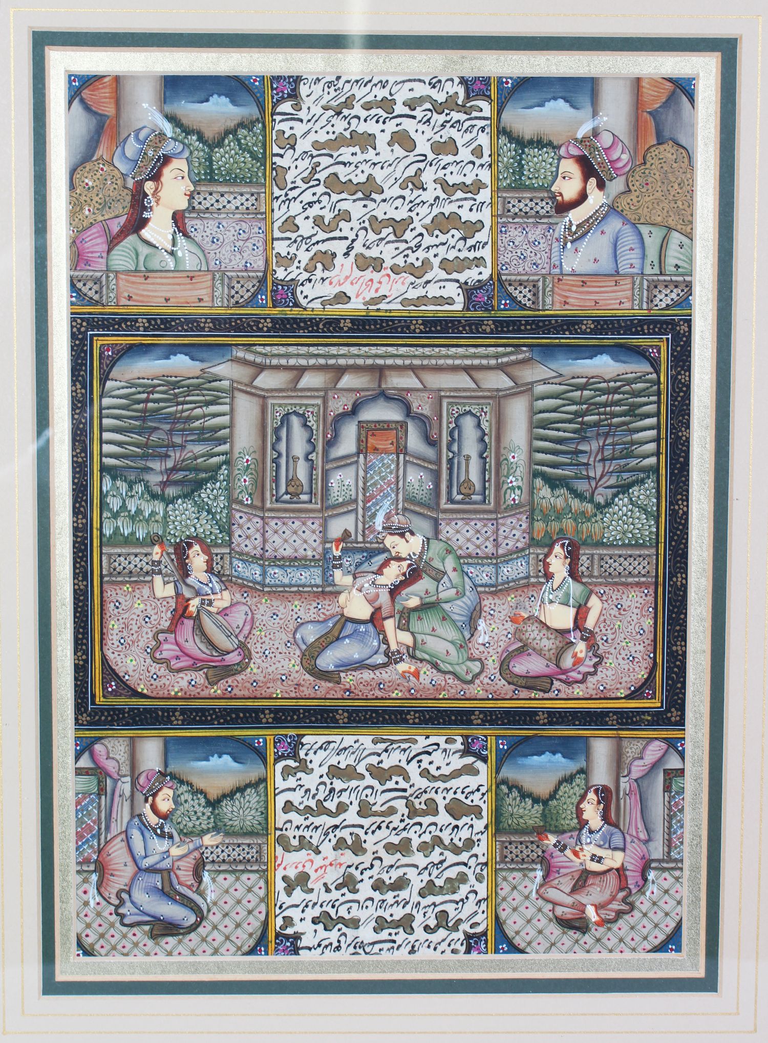 AN INDO PERSIAN THREE TIER WATERCOLOUR, with figures and calligraphy, framed and glazed, 28cm x