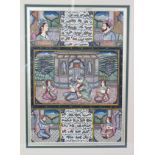 AN INDO PERSIAN THREE TIER WATERCOLOUR, with figures and calligraphy, framed and glazed, 28cm x