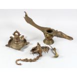 A 19TH CENTURY BRONZE SOUTH INDIAN HANGING OIL LAMP with bird terminal hanging bracket and chain