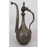 A TINNED BRONZE EWER, AFGHANISTAN, CIRCA 18TH CENTURY, of slender bulbous form, with scrolling