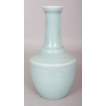 A GOOD QUALITY CHINESE CELADON GLAZED MALLET FORM PORCELAIN VASE, the base with a Qianlong seal