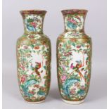 A PAIR OF CANTON VASES painted with reverse panels of birds, butterflies and foliage (AF). 29cm
