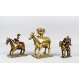 THREE 18TH-19TH CENTURY INDIAN BRONZE FIGURES, depicting Nandi, Khandoba and Mhalsa and a