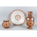 THREE HISPANO-MORESQUE LUSTRE POTTERY VESSELS, the circular dish 37cm diameter, bowl 14cm