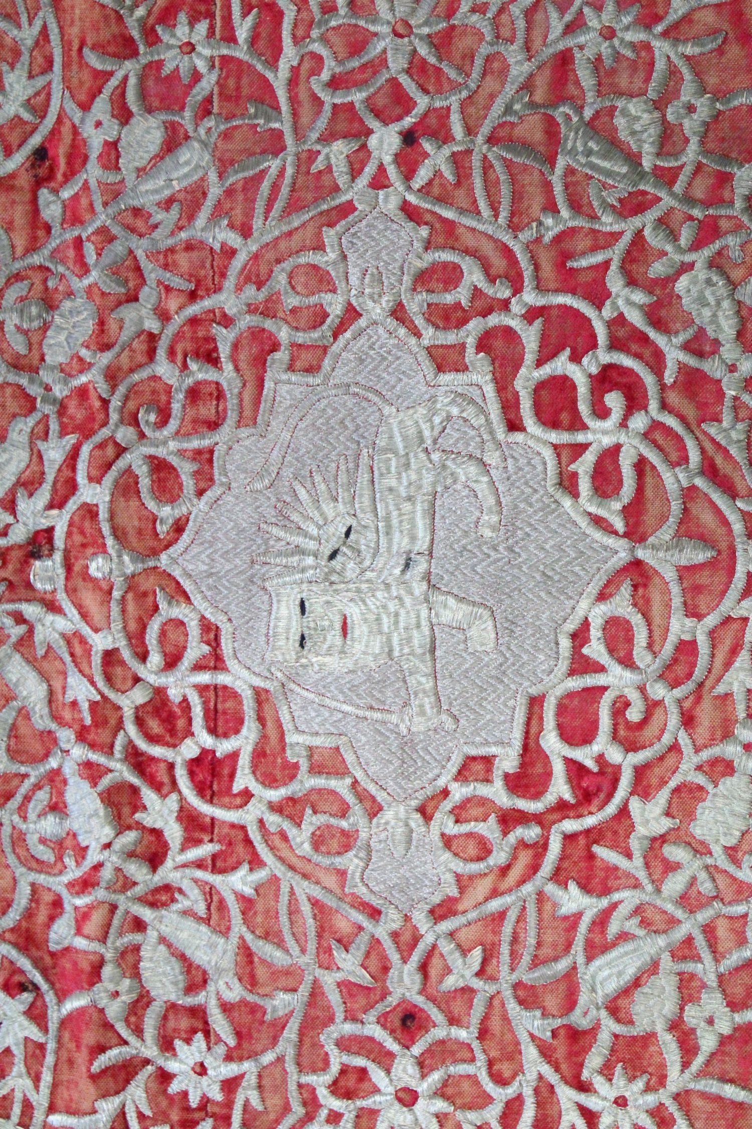 A 19TH CENTURY PERSIAN QAJAR SILVER EMBROIDED VELVET TEXTILE PANEL, with sun and lion emblem, 93cm x - Image 2 of 5