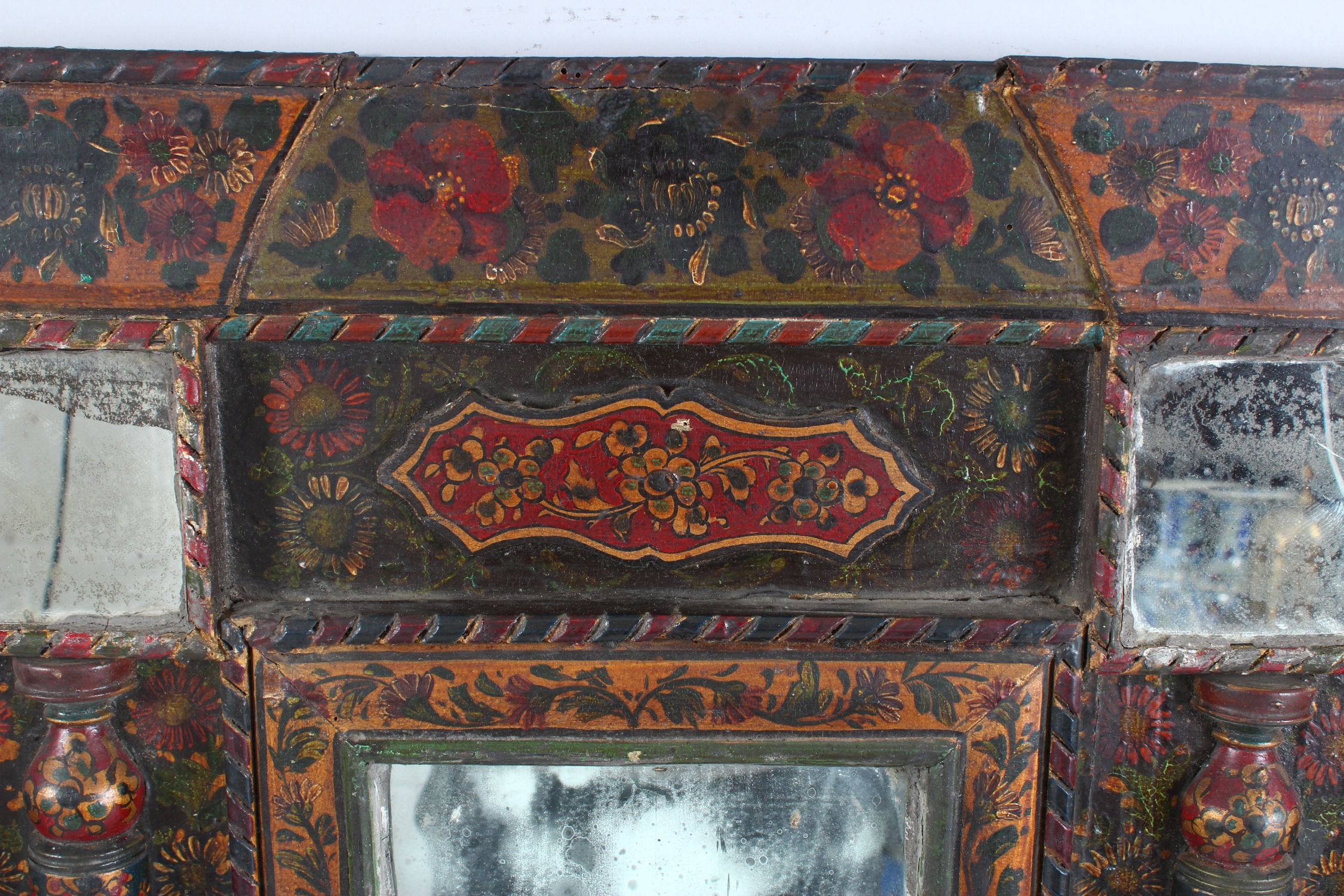 A 19TH CENTURY PERSIAN QAJAR HAND PAINTED WOODEN MIRROR, with central mirrored panel, four mirrors - Image 4 of 7