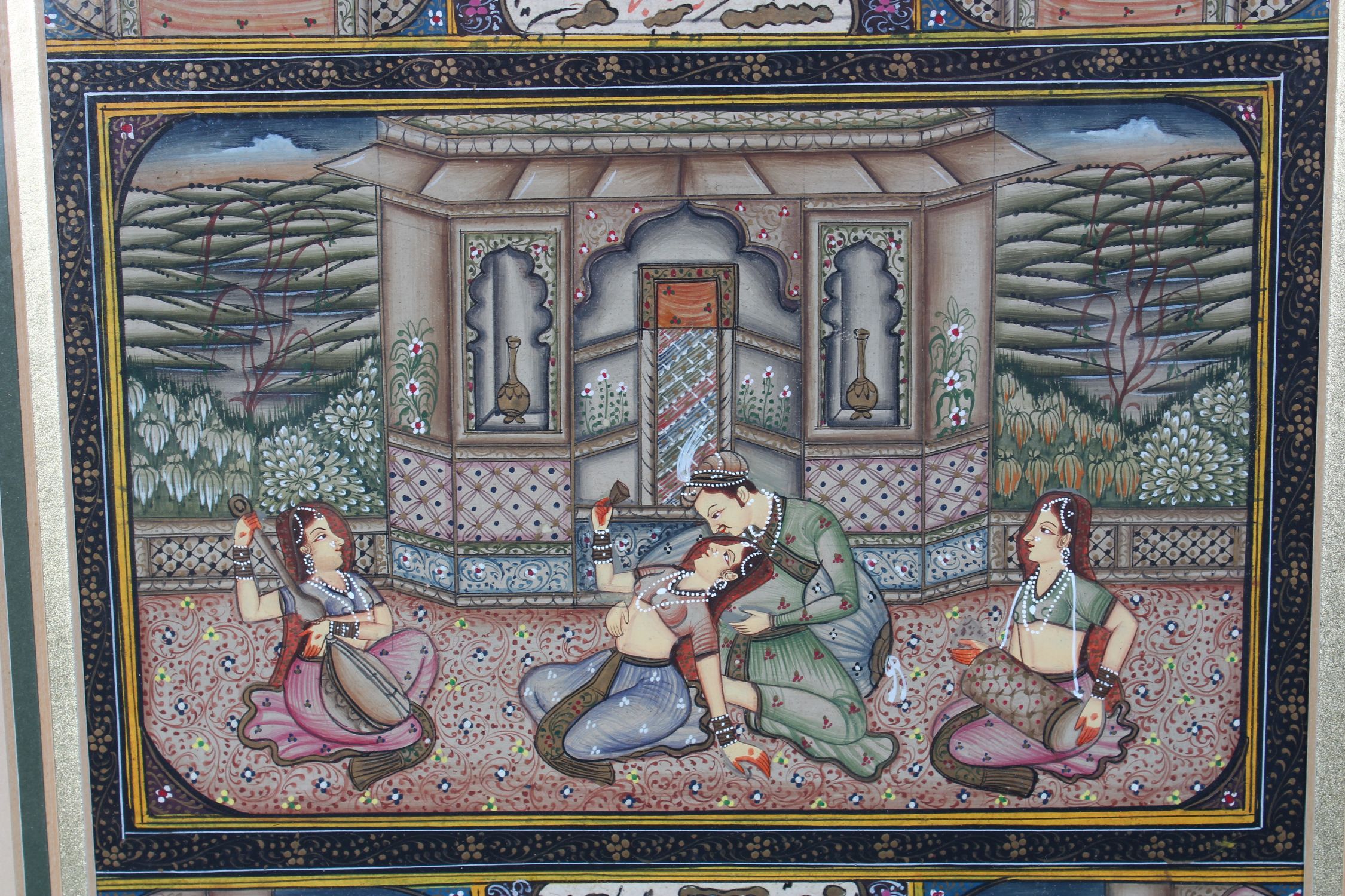 AN INDO PERSIAN THREE TIER WATERCOLOUR, with figures and calligraphy, framed and glazed, 28cm x - Image 4 of 5