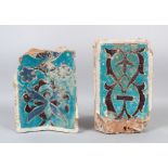 TWO 15TH CENTURY CENTRAL ASIA TIMURID GLAZED POTTERY TILES, 24cm x 18cm and 26cm x 16cm.