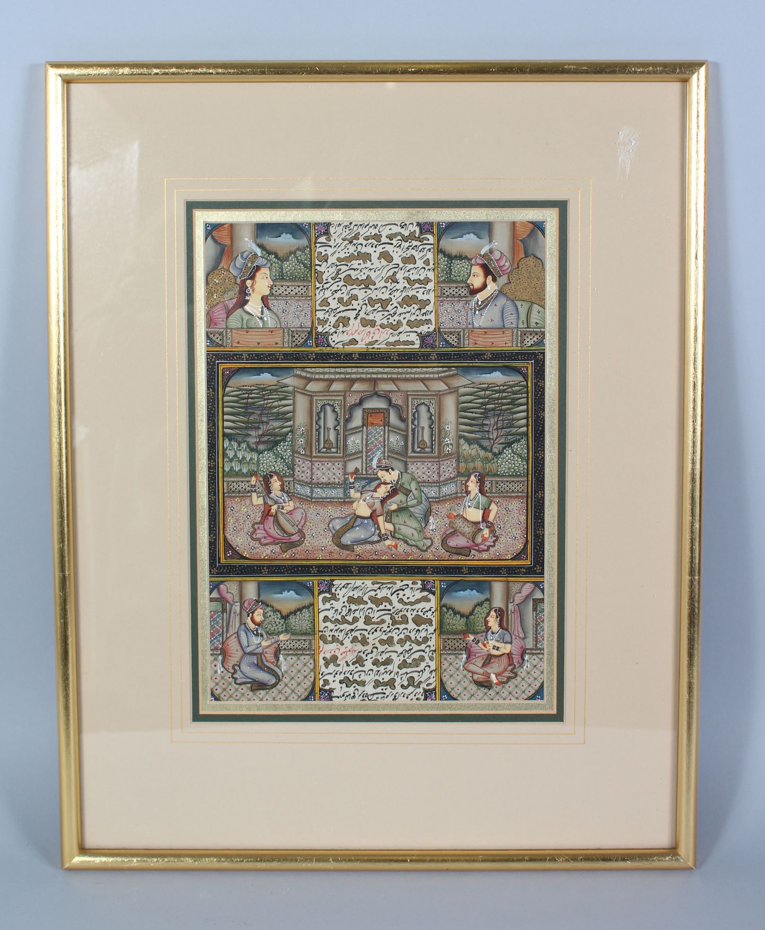 AN INDO PERSIAN THREE TIER WATERCOLOUR, with figures and calligraphy, framed and glazed, 28cm x - Image 2 of 5