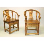 A VERY GOOD PAIR OF CHINESE HOOP BACK ARMCHAIRS, the back splat carved with figures.
