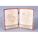 FINELY CARVED JAPANESE TWO-FOLD IVORY MINATURE TABLE SCREEN, one side depicting family pursuits, the