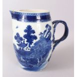 AN EARLY 19TH CENTURY CHINESE BLUE AND WHITE CIDER JUG, with a willow pattern design and entwined