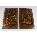 A VERY FINE PAIR OF 19TH CENTURY QAJAR PERSIAN HAND PAINTED BOOK COVERS, figures at equestrian