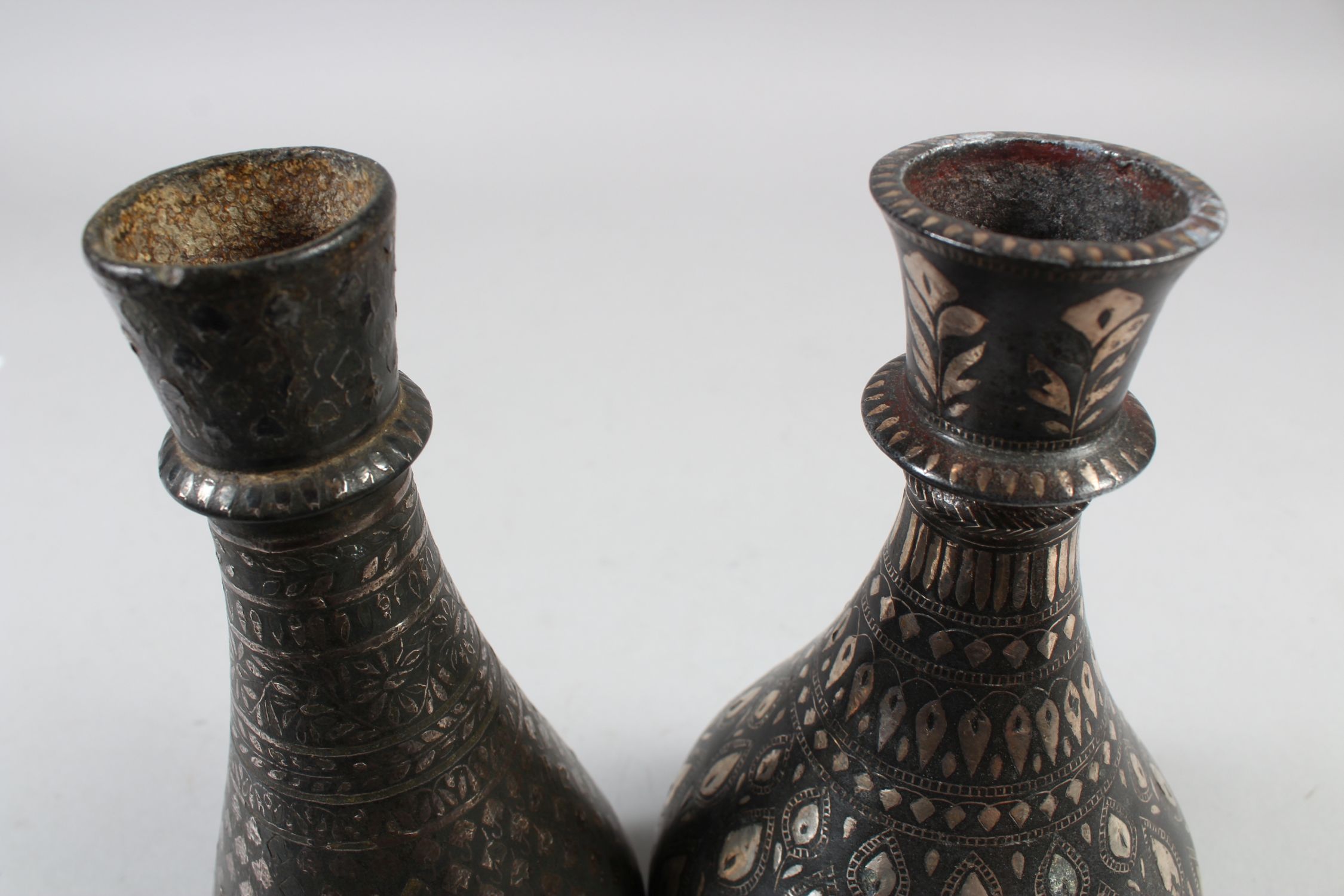 TWO EARLY 19TH CENTURY INDIAN BIDRI SILVER INLAID HUQQA BOTTLES, 20cm high. - Image 8 of 9