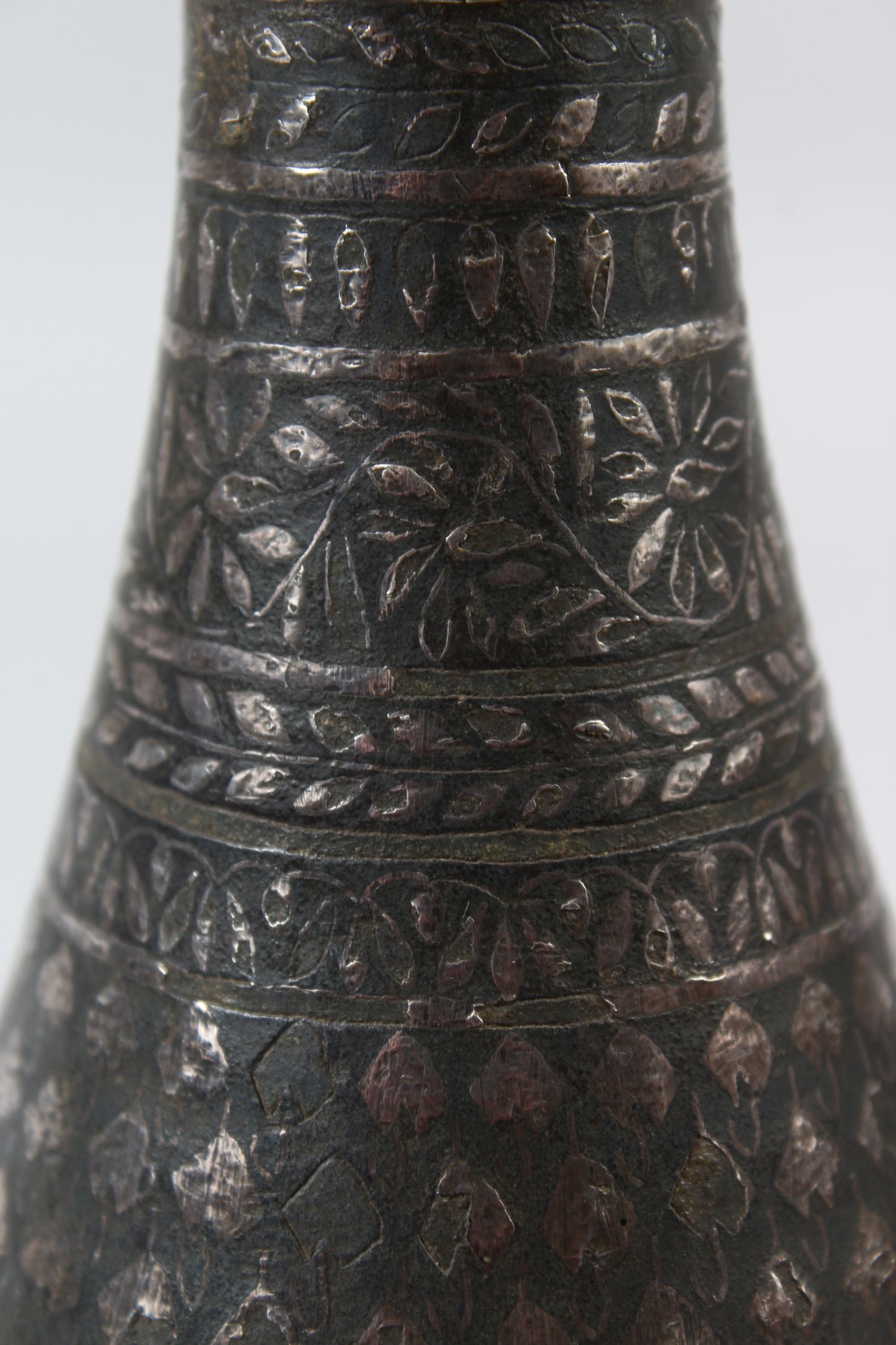 TWO EARLY 19TH CENTURY INDIAN BIDRI SILVER INLAID HUQQA BOTTLES, 20cm high. - Image 6 of 9