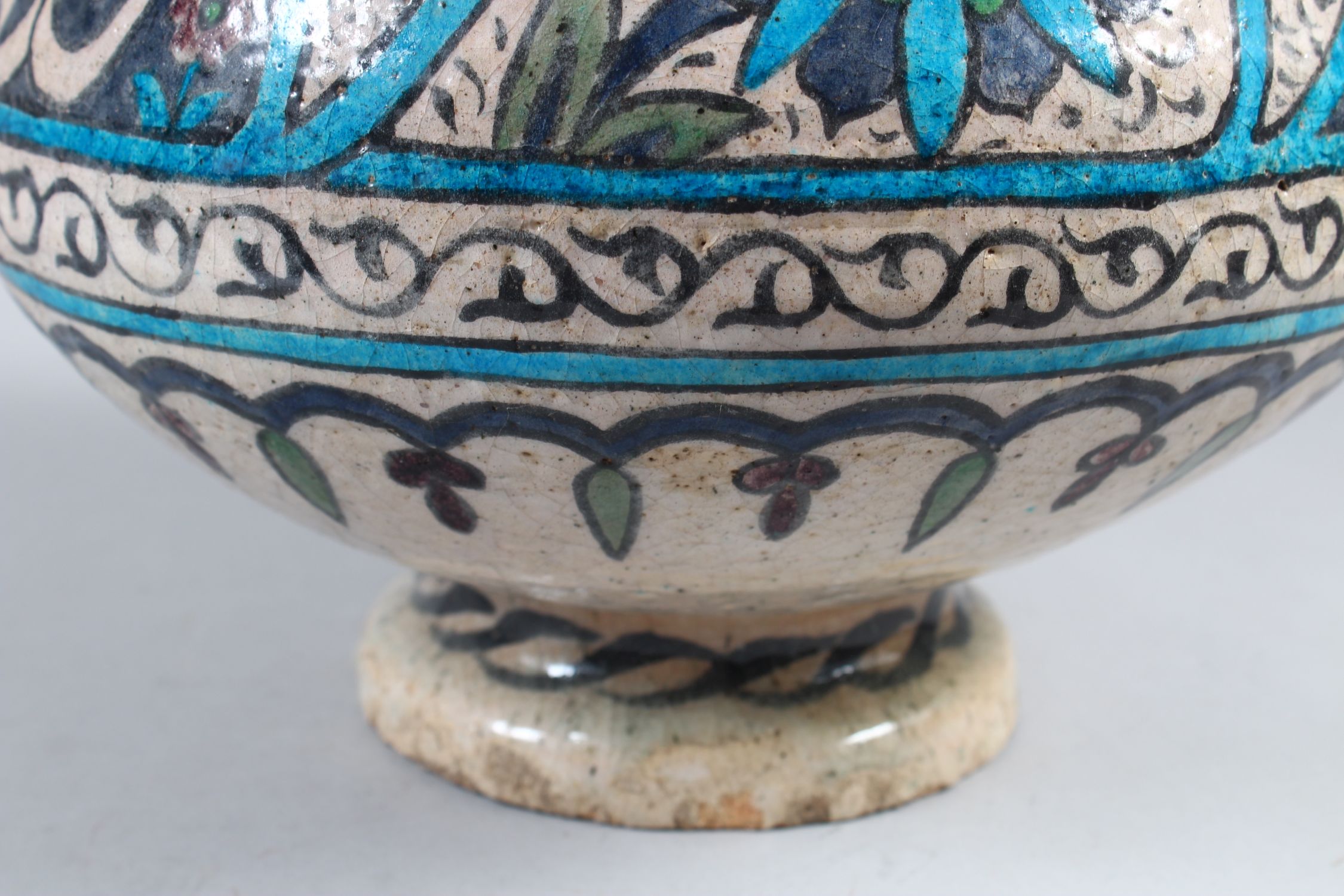 A 19TH CENTURY DAMASCUS STYLE POTTERY MOSQUE LAMP OF MAMLUK FORM, with one handle, notch and - Image 6 of 8