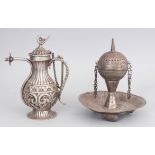 TWO WHITE METAL VESSELS, 20TH CENTURY, comprising an Ottoman style table incense burner, and an