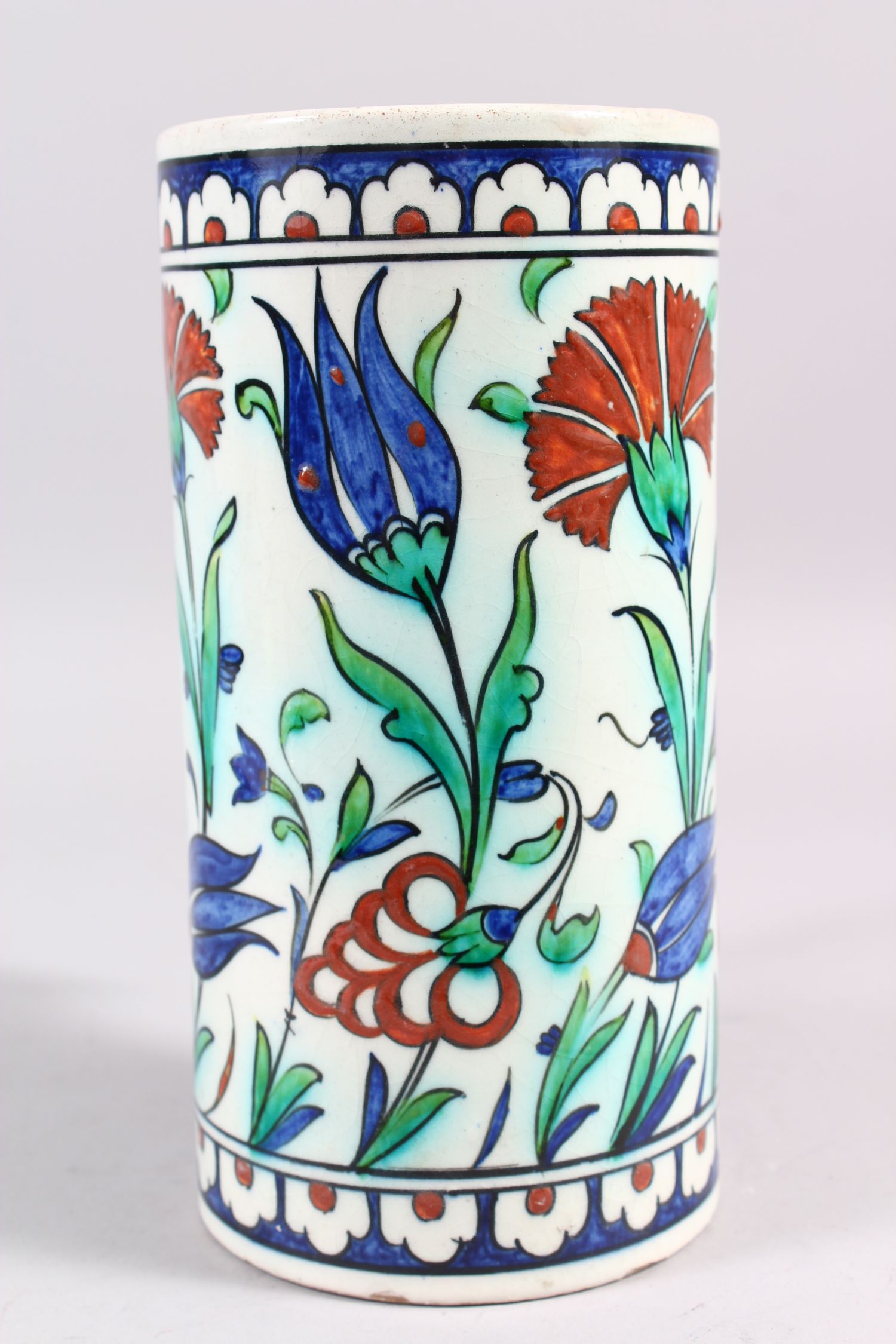 A 19TH CENTURY CANTAGALLI IZNIK STYLE POTTERY TANKARD, the sides with blue ground and flower - Image 2 of 7