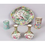 A CANTON OVAL SHAPED DISH, small pair of vases, box & cover and a spill vase, all painted with