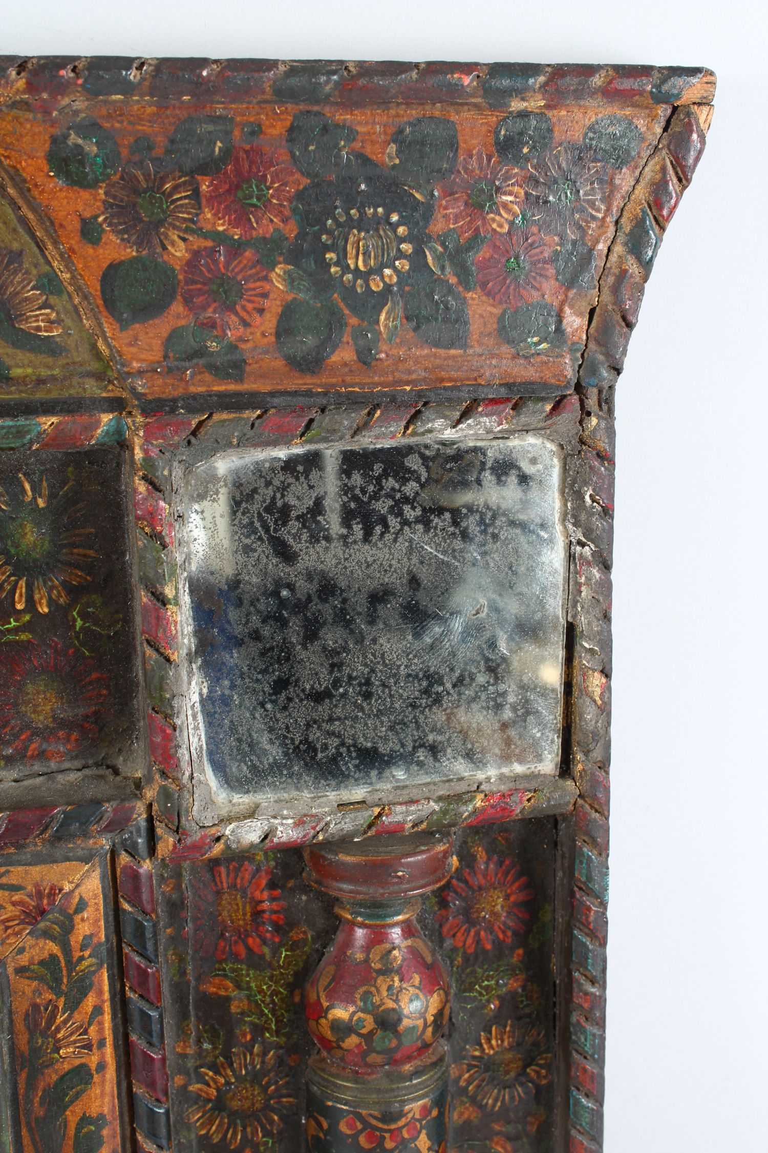 A 19TH CENTURY PERSIAN QAJAR HAND PAINTED WOODEN MIRROR, with central mirrored panel, four mirrors - Image 6 of 7