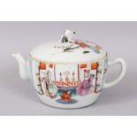 A CHINESE FAMILLE ROSE TEA POT AND COVER, painted with a processional scene and interior, mark in