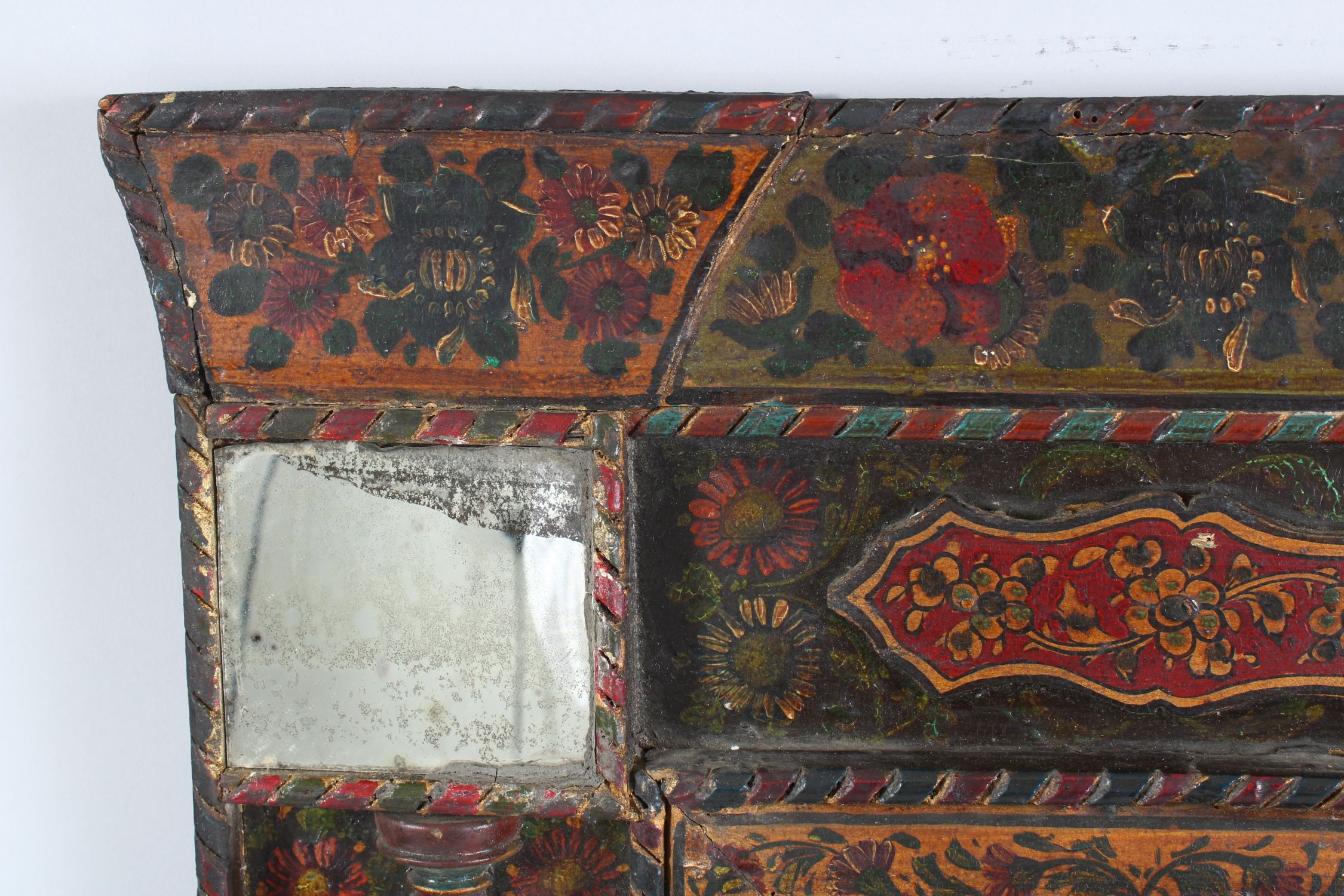 A 19TH CENTURY PERSIAN QAJAR HAND PAINTED WOODEN MIRROR, with central mirrored panel, four mirrors - Image 2 of 7