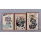 THREE JAPANESE PICTURES, framed and glazed, 14in x 9in.