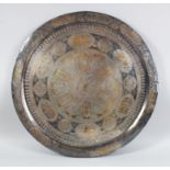 A RARE LATE 19TH CENTURY MAMLUK REVIVAL DAMASCUS GOLD INLAID SOLID SILVER CIRCULAR TRAY, signed on