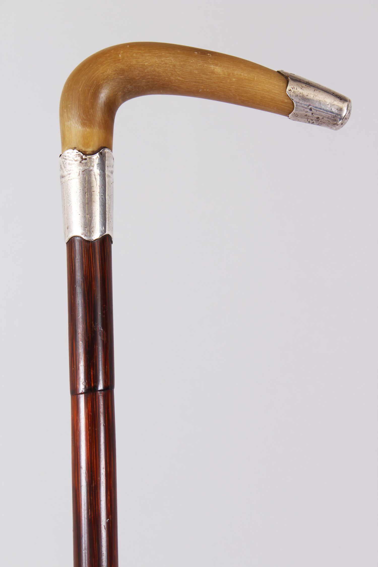 A RHINO HANDLED CANE, carved with a curving handle, silver tip and silver band. 84cm long.