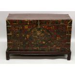 A 20TH CENTURY TIBETAN LACQUERED & PAINTED WOOD RECTANGULAR MONASTERY CHEST, together with a