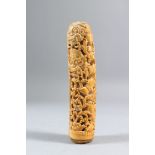AN 18TH CENTURY BURMESE CARVED IVORY DHA SWORD HANDLE, carved and pierced with masks and scrolls,