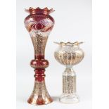 TWO BOHEMIAN GLASS VASES OR STANDS, made for the Persian market with white pearl decoration, 56cm
