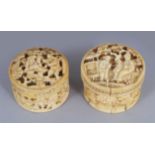 TWO SMALL 19TH CENTURY CHINESE CANTON IVORY GAMING COUNTER BOXES & COVERS, each 1.3in diameter. (2)