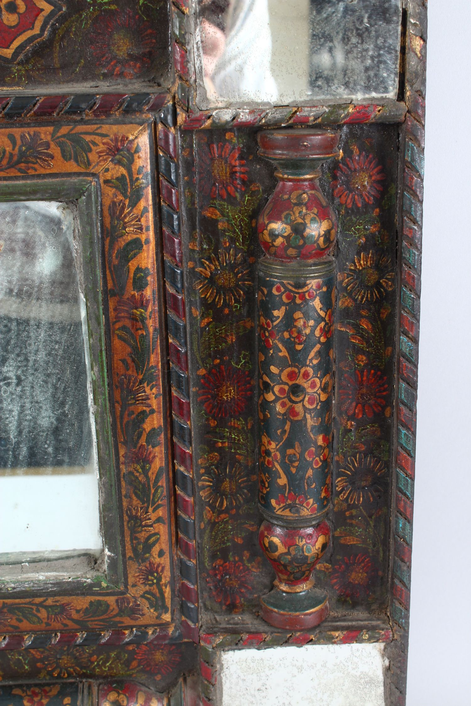 A 19TH CENTURY PERSIAN QAJAR HAND PAINTED WOODEN MIRROR, with central mirrored panel, four mirrors - Image 3 of 7