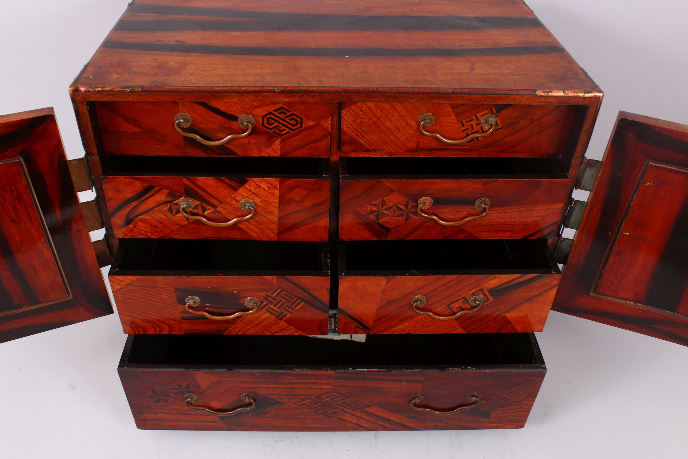 A 19TH CENTURY JAPANESE PARQUETRY CABINET, with double panel doors enclosing 4 drawers over a long - Image 5 of 10