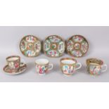 FOUR CANTON CUPS AND SAUCERS, painted with figures, birds, butterflies and flowers (8).