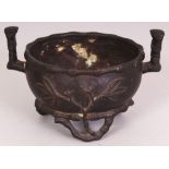 A CHINESE BRONZE TRIPOD CENSER, weighing 440gm, with bamboo form feet and handles, the base cast