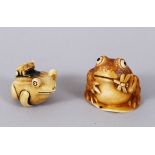 A JAPANESE IVORY NETSUKE FROG, and another frog on his back (2),