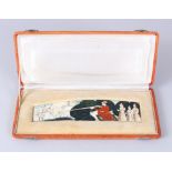 A GOOD QUALITY INDO PERSIAN HAND PAINTED IVORY SLITHER c1900, depicting A man sat with his gun