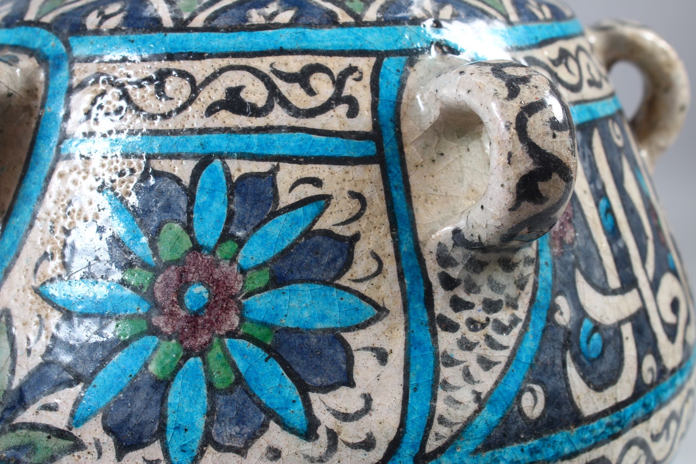 A 19TH CENTURY DAMASCUS STYLE POTTERY MOSQUE LAMP OF MAMLUK FORM, with one handle, notch and - Image 4 of 8
