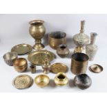 A BOX OF VARIOUS INDIAN AND ISLAMIC BRASS WARE.