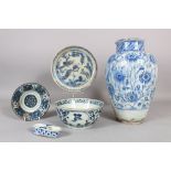 A GROUP OF FIVE PIECES OF 17TH-18TH CENTURY PERSIAN SAFAVID BLUE AND WHITE POTTERY. Comprising a