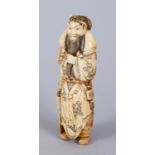 A GOOD QUALITY CHINESE IVORY FIGURE OF A WARRIOR, stood holding his guan dao, in his full armour,