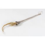 AN 18TH CENTURY MUGHAL INDIAN SILVER FLY WHISK, 36cm long.