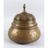 A 19TH CENTURY PERSIAN QAJAR ENGRAVED AND PIERCED BRASS INCENSE BOWL AND COVER, with figures and