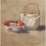 20th Century English School. A Still Life of a Teapot and Bowl, Watercolour on Card, Unframed, 12.